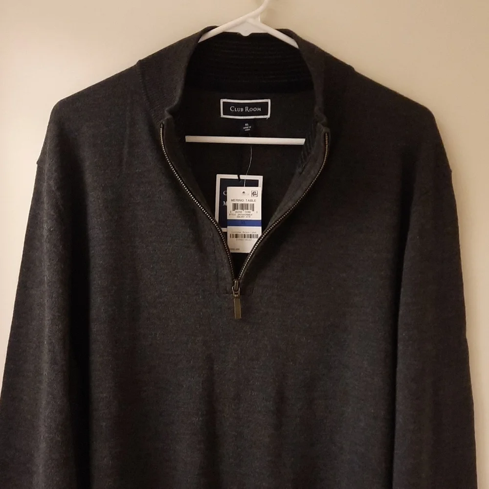 NWT, Men's Club Room Gray Quarter-Zip Merino Wool Blend Sweater